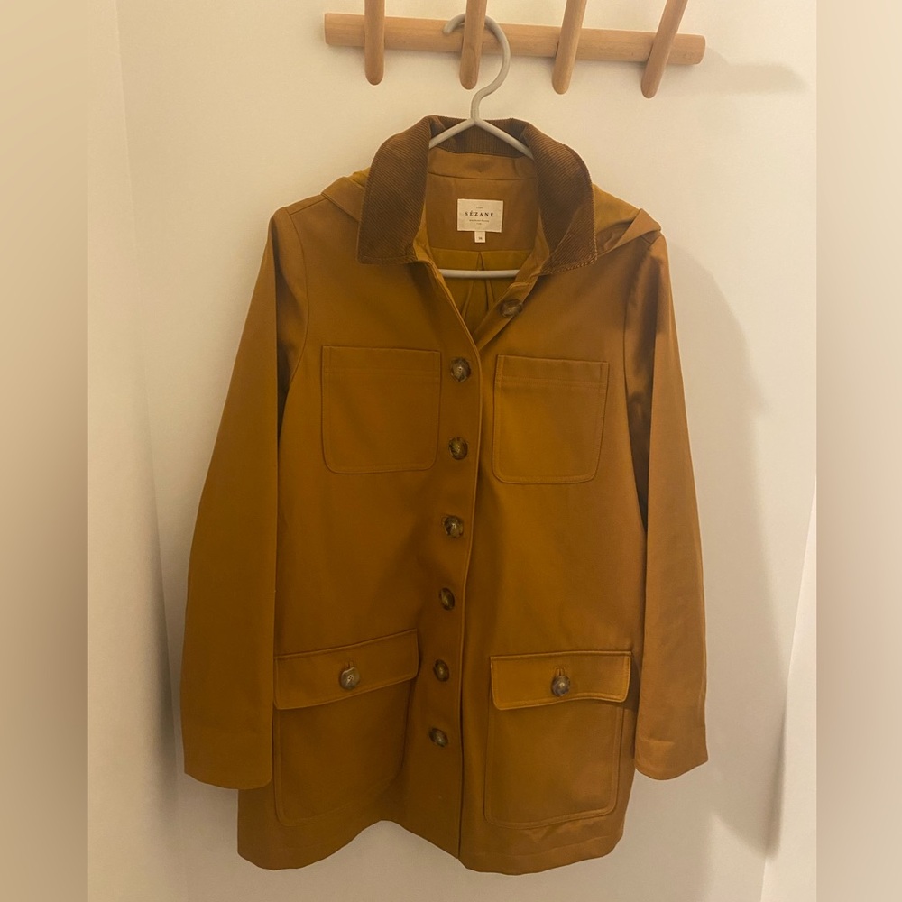 Sezane Mustard Brown Hooded Button Front Coat